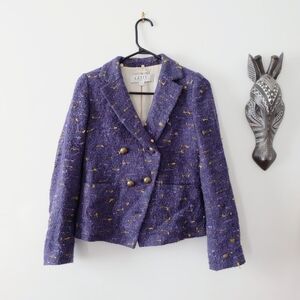 Greed Double-Breasted Navy Tweed Jacket with Bronze Color Buttons,Size Small